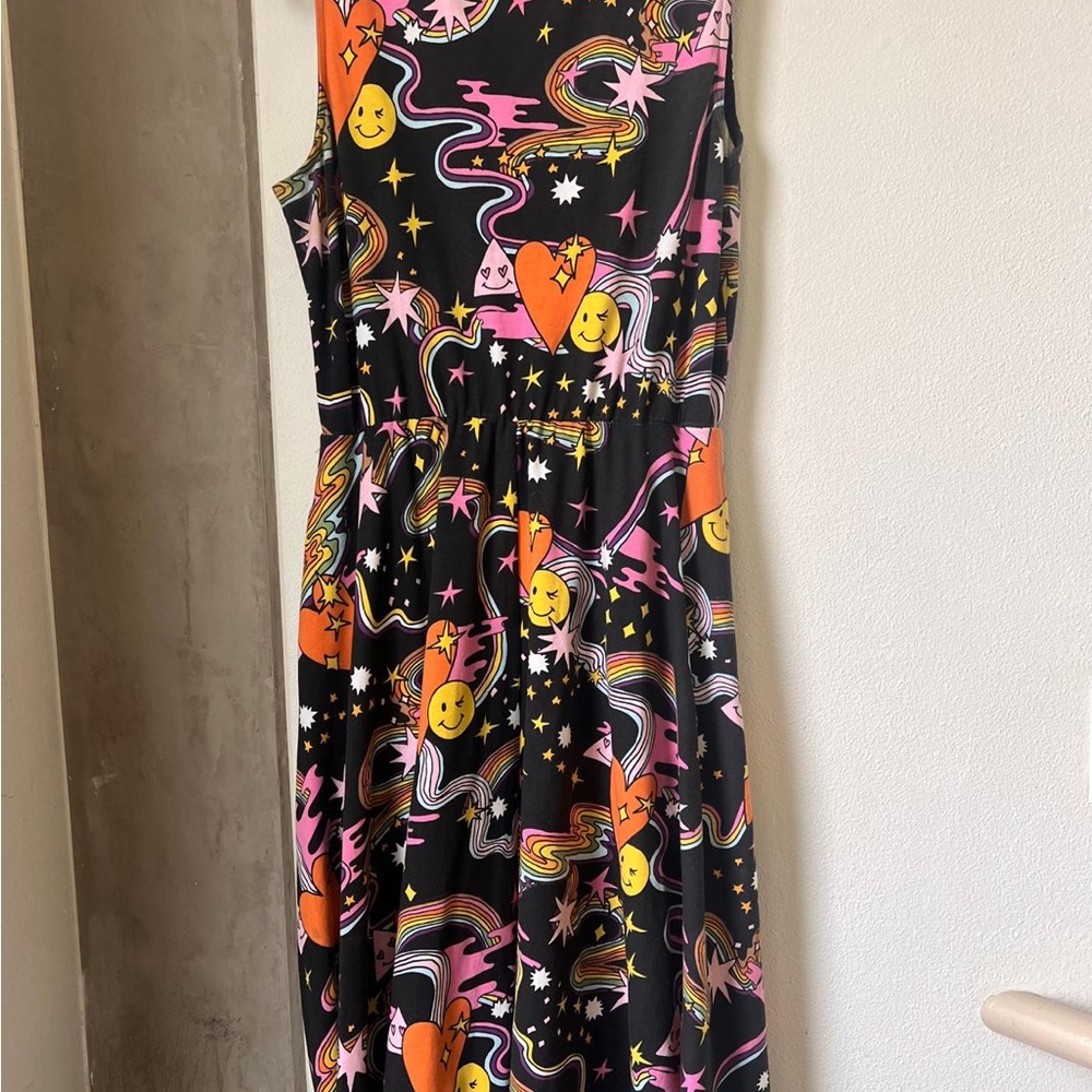 Nooworks Black Midi Dress with Pink, Orange & Yellow Retro Print